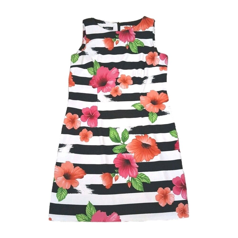 Sz 12 AGB Dress Black White Floral Striped Sleeveless Womens Shift Knee Length
